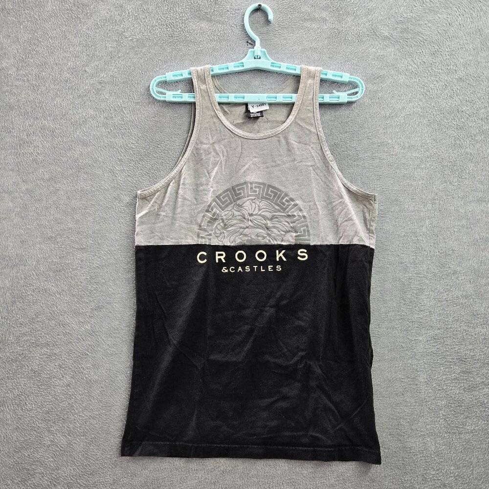 Crooks & Castles Men Tank‎ Top M Gray Colorblock Medusa Text Logo Sleeveless